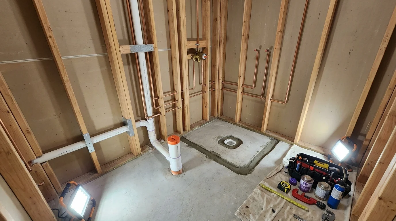 Bathroom rough-in plumbing during remodel by Johns Plumbing LLC in Villalba