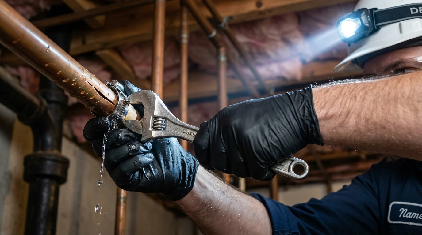 Emergency pipe clamp repair being performed by a Johns Plumbing LLC plumber in Villalba