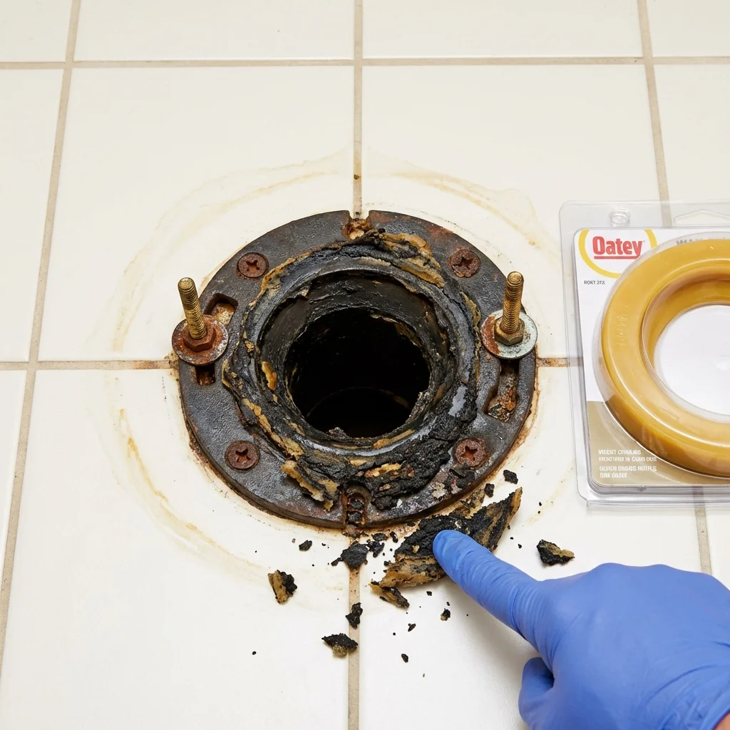 Failed wax ring showing water seepage at the base of a toilet in a Villalba, PR home