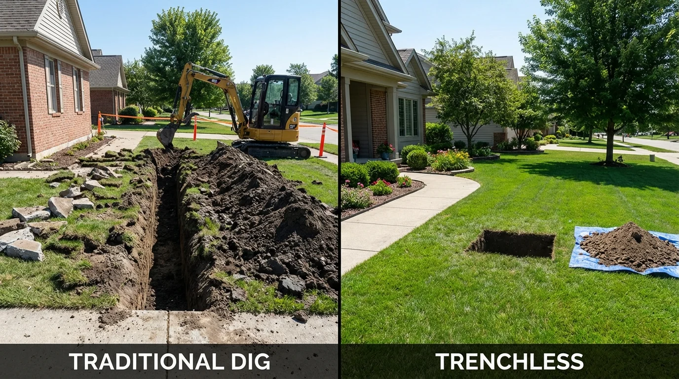 Trenchless sewer repair with minimal yard damage versus traditional excavation in Villalba, PR