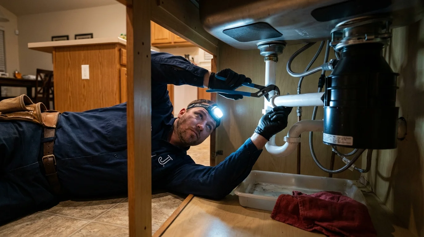 P-trap and supply line connections under a kitchen sink showing a common leak point in Villalba, PR